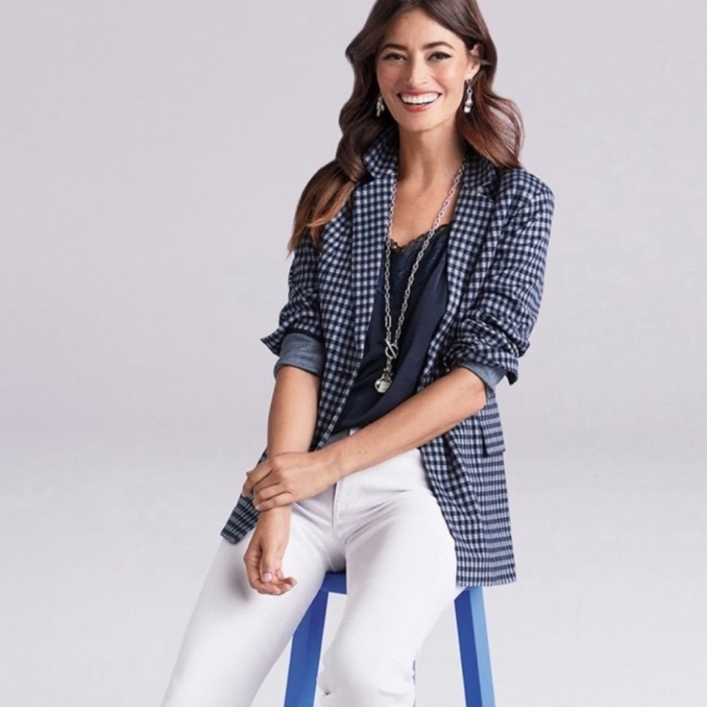 Cabi Checkup Blazer gingham plaid navy and white knit jacket XS